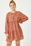 HN4117W RUST Plus Ditsy Floral Tie Neck Long Sleeve Dress Front