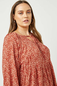 HN4117 BLACK Womens Ditsy Floral Tie Neck Long Sleeve Dress