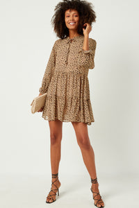HN4129 LEOPARD Womens Leopard Print Tie Neck Ruffled Sleeve Dress Side