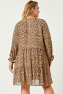 HN4129 LEOPARD Womens Leopard Print Tie Neck Ruffled Sleeve Dress Front
