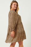 HN4129 LEOPARD Womens Leopard Print Tie Neck Ruffled Sleeve Dress Back