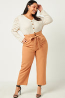 HN4132 OATMEAL Womens Puff Shoulder Marled Knit Buttoned Cardigan Pose