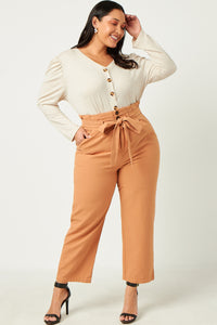 HN4132 OATMEAL Womens Puff Shoulder Marled Knit Buttoned Cardigan Pose