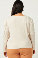 HN4132 OATMEAL Womens Puff Shoulder Marled Knit Buttoned Cardigan Side