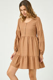 HN4144 TAUPE Womens Button Detail Tiered Gingham Dress Detail