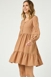 HN4144W TAUPE Plus Button Detail Tiered Gingham Dress Front