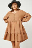 HN4144 TAUPE Womens Button Detail Tiered Gingham Dress Front