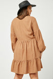 HN4144 TAUPE Womens Button Detail Tiered Gingham Dress Full Body