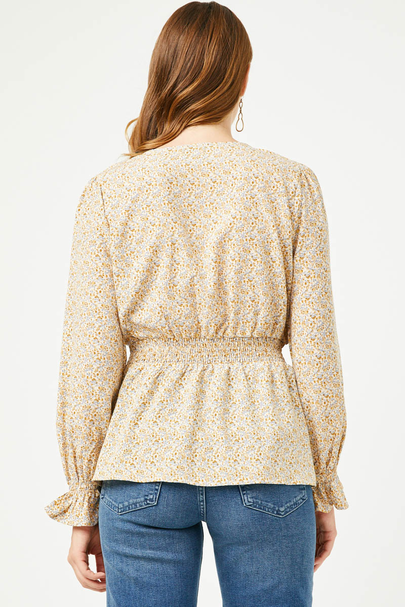 HN4154W IVORY Plus Floral Suprlice Smocked Waist Top Full Bod