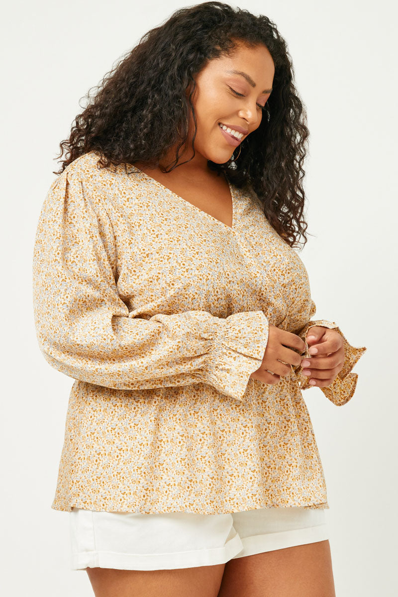 HN4154 IVORY Womens Floral Suprlice Smocked Waist Top Front