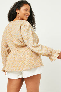 HN4154 IVORY Womens Floral Suprlice Smocked Waist Top Side