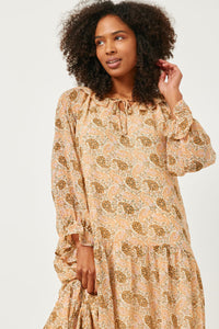 HN4180W Ivory Plus Ruffled Neck Paisley Print Long Sleeve Dress Front