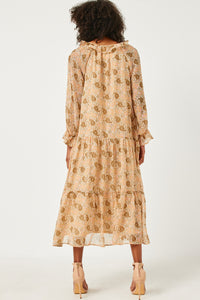 HN4180W Ivory Plus Ruffled Neck Paisley Print Long Sleeve Dress Back