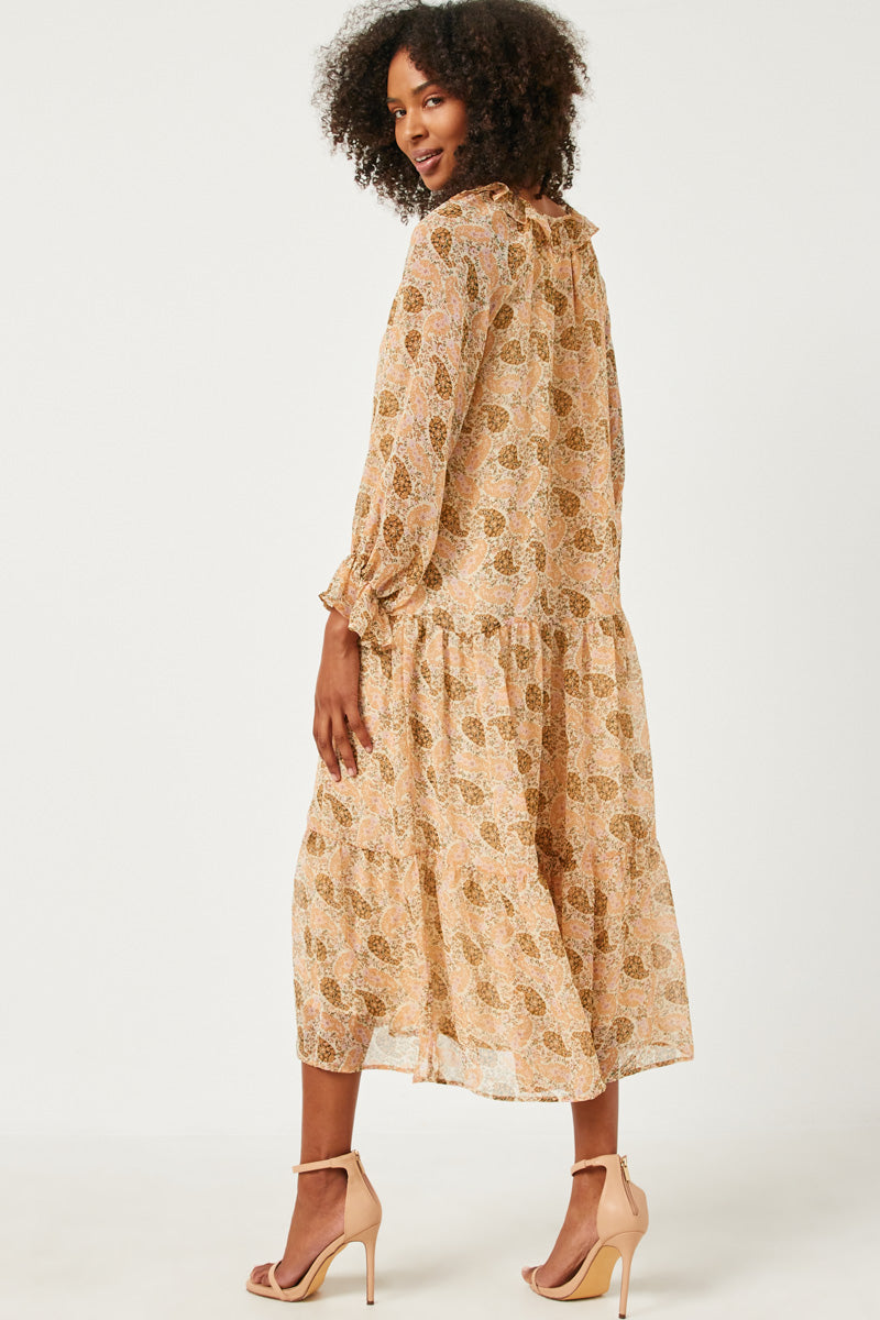 HN4180W Ivory Plus Ruffled Neck Paisley Print Long Sleeve Dress Full Body 2