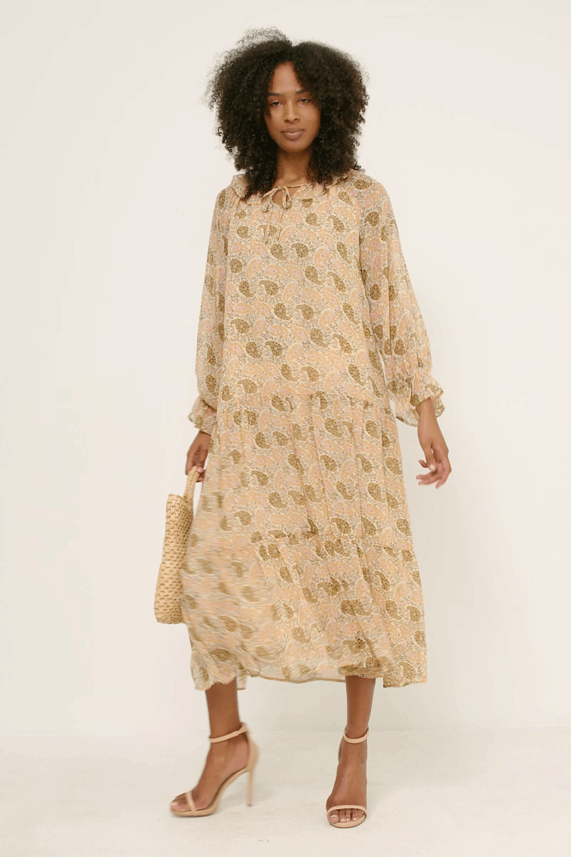 Ruffled Neck Paisley Print Long Sleeve Dress