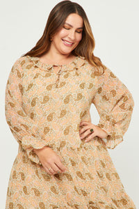 HN4180 Ivory Womens Ruffled Neck Paisley Print Long Sleeve Dress Front