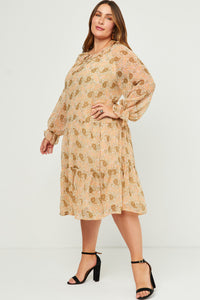 HN4180 Ivory Womens Ruffled Neck Paisley Print Long Sleeve Dress Pose