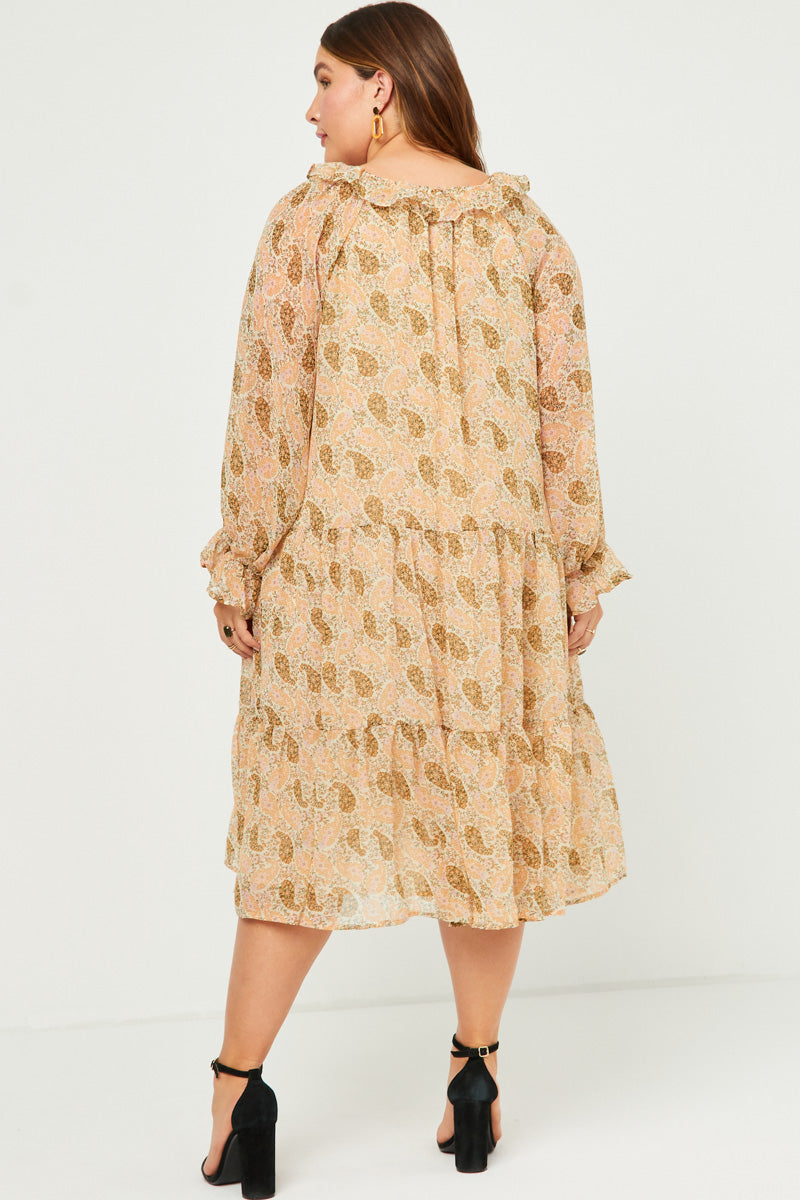 HN4180 Ivory Womens Ruffled Neck Paisley Print Long Sleeve Dress Back