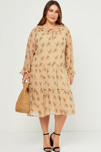 HN4180 Ivory Womens Ruffled Neck Paisley Print Long Sleeve Dress Side