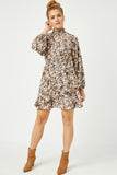 HN4189 BROWN Womens Foliage Print Long Sleeve Asymmetric Dress Back