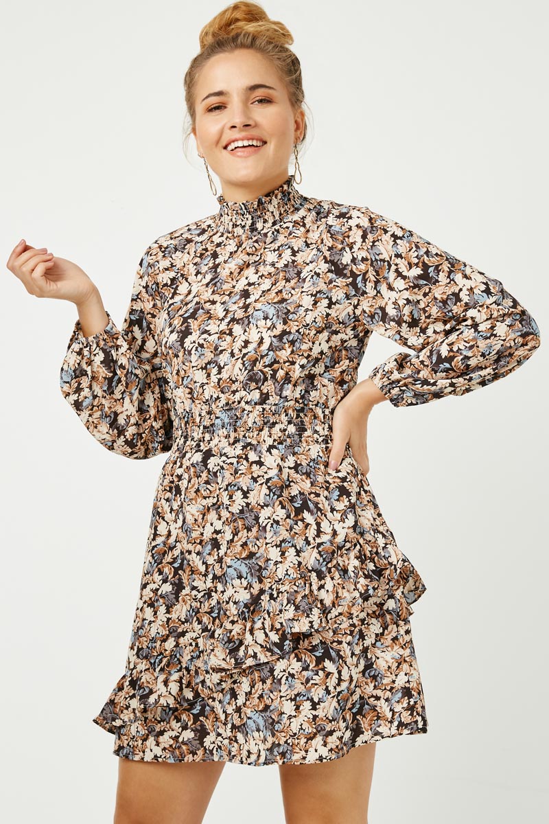 Foliage Print Long Sleeve Asymmetric Dress
