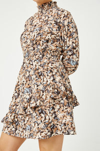 HN4189W BROWN Plus Foliage Print Long Sleeve Asymmetric Dress Full Body