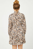 HN4189W BROWN Plus Foliage Print Long Sleeve Asymmetric Dress Gif