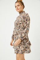 HN4189W BROWN Plus Foliage Print Long Sleeve Asymmetric Dress Front