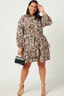 HN4189 BROWN Womens Foliage Print Long Sleeve Asymmetric Dress Full Body