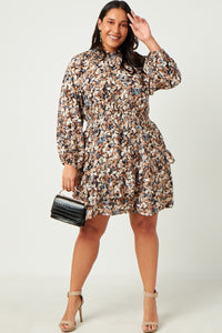 HN4189 BROWN Womens Foliage Print Long Sleeve Asymmetric Dress Full Body