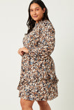 HN4189 BROWN Womens Foliage Print Long Sleeve Asymmetric Dress Front