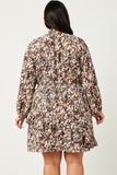 HN4189 BROWN Womens Foliage Print Long Sleeve Asymmetric Dress Detail