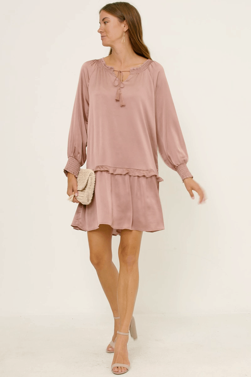 HN4196 NAVY Womens Satin Look Smocked Cuff Tie Neck Dress Front