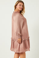 HN4196 MAUVE Womens Satin Look Smocked Cuff Tie Neck Dress Front
