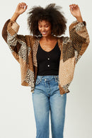 HN4203 BROWN Womens Patchwork Leopard Print Gathered Sleeve Open Cardigan Front