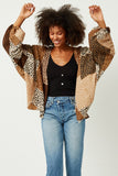 HN4203 BROWN Womens Patchwork Leopard Print Gathered Sleeve Open Cardigan Front