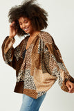 HN4203 BROWN Womens Patchwork Leopard Print Gathered Sleeve Open Cardigan Side