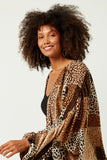 HN4203 BROWN Womens Patchwork Leopard Print Gathered Sleeve Open Cardigan Detail