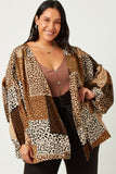 HN4203 BROWN Womens Patchwork Leopard Print Gathered Sleeve Open Cardigan Side