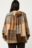 HN4203 BROWN Womens Patchwork Leopard Print Gathered Sleeve Open Cardigan Full Body