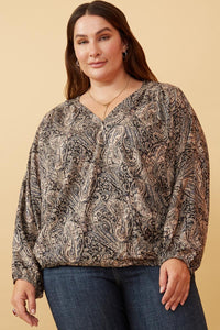 HN4205 BLACK Womens Paisley Print Surplice Puff Sleeve Top Front