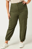 HN4216 OLIVE Womens Corduroy Zip Fly Cargo Joggers Front