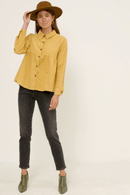 HN4223 Stone Womens Corduroy Button Up Peplum Shirt Gif