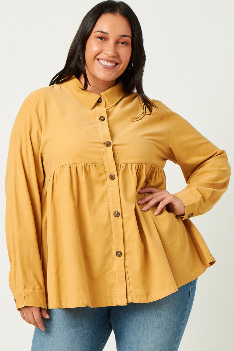 HN4223 MUSTARD Womens Corduroy Button Up Peplum Detail