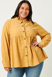 HN4223 MUSTARD Womens Corduroy Button Up Peplum Detail