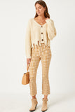 HN4257W Mustard Plus Button Closure Stretch Checkered Pants Front
