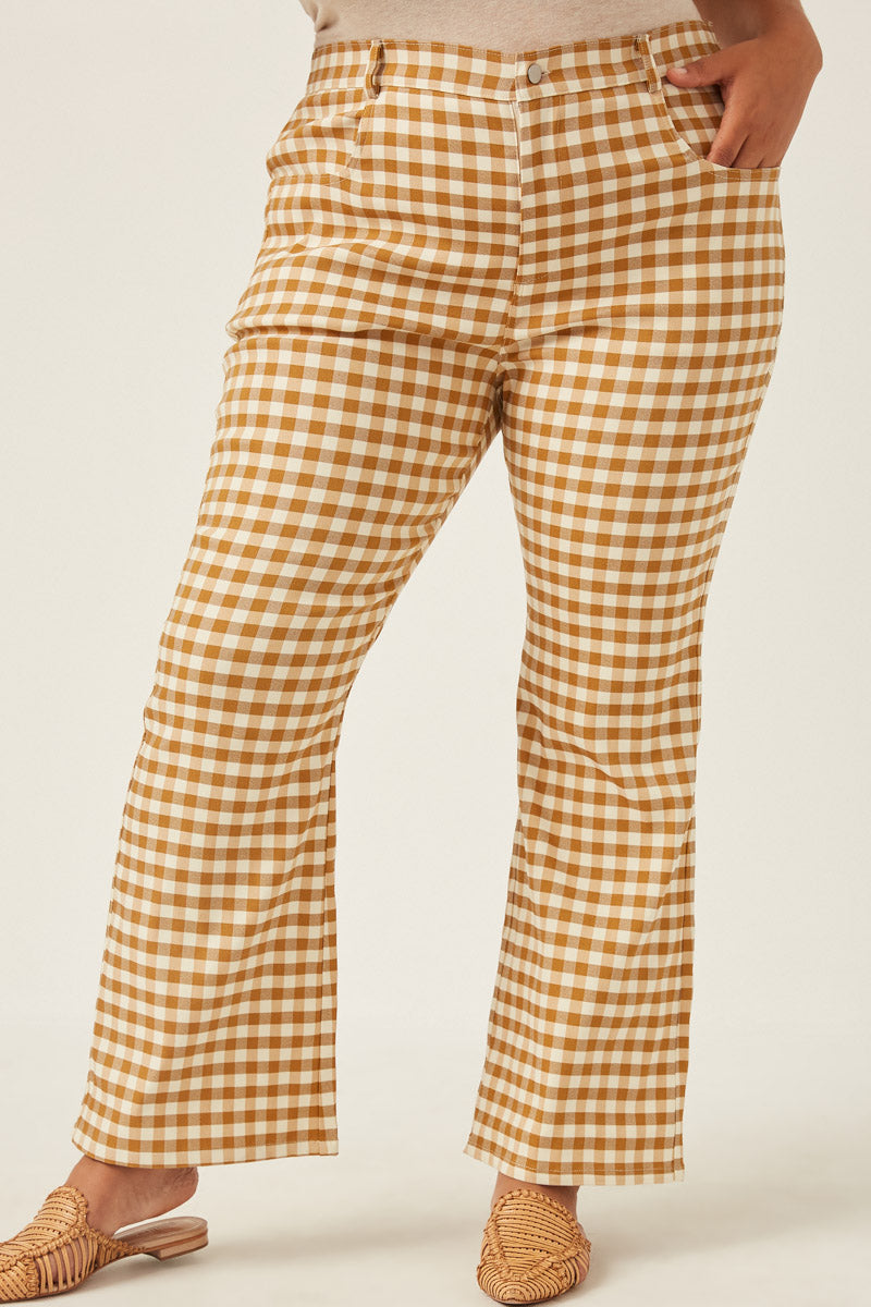 HN4257 MUSTARD Womens Elastic Waist Stretch Checkerboard Pants Full Body