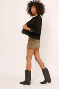 HN4278W Tan Plus Corduroy Zebra Print Slit Skirt Full Body