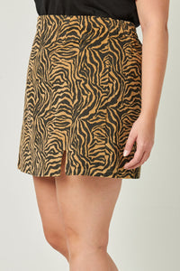 HN4278 TAN Womens Corduroy Zebra Print Slit Skirt Side