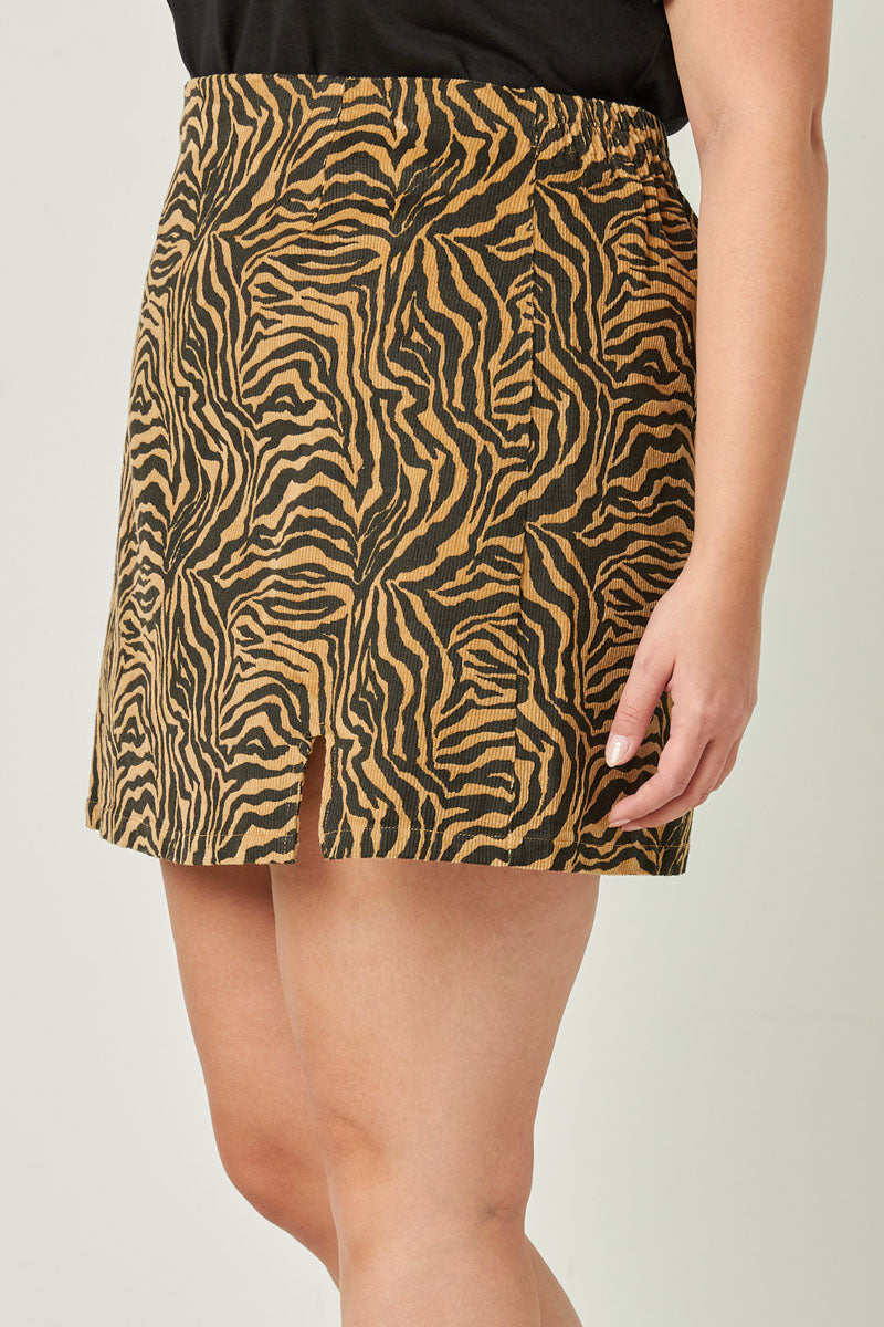 HN4278 TAN Womens Corduroy Zebra Print Slit Skirt Side